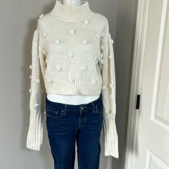 Farm Rio Floral Applique Lantern Sleeve Sweater Cream Mock Neck Trendy Sz S - Picture 4 of 16